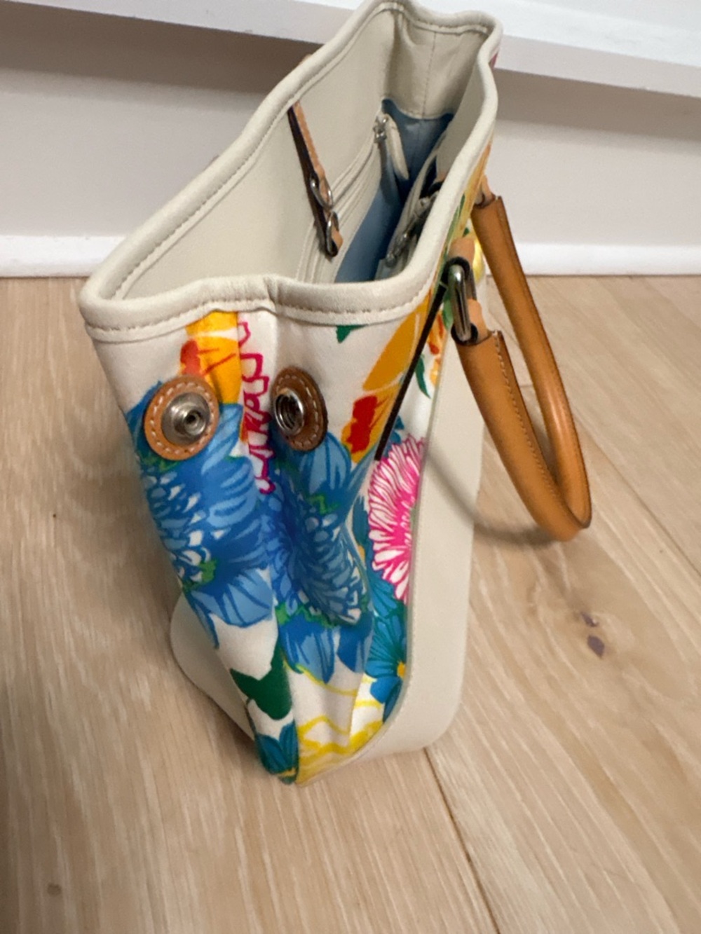 Coach Floral Tote Canvas Leather Multicolor Spring Shoulder Bag - Picture 3 of 10